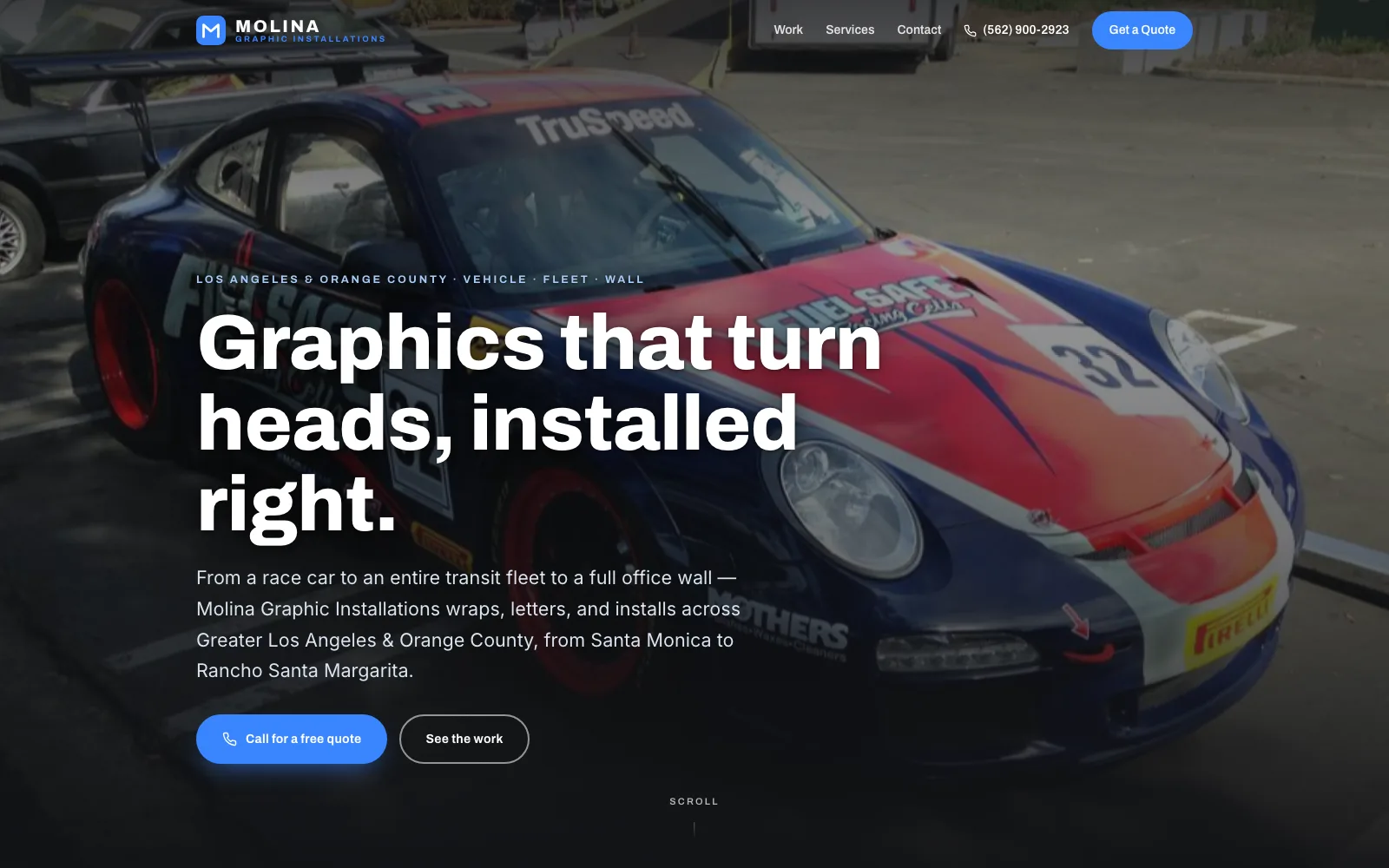 Molina Graphics website design showing a brightly wrapped race car