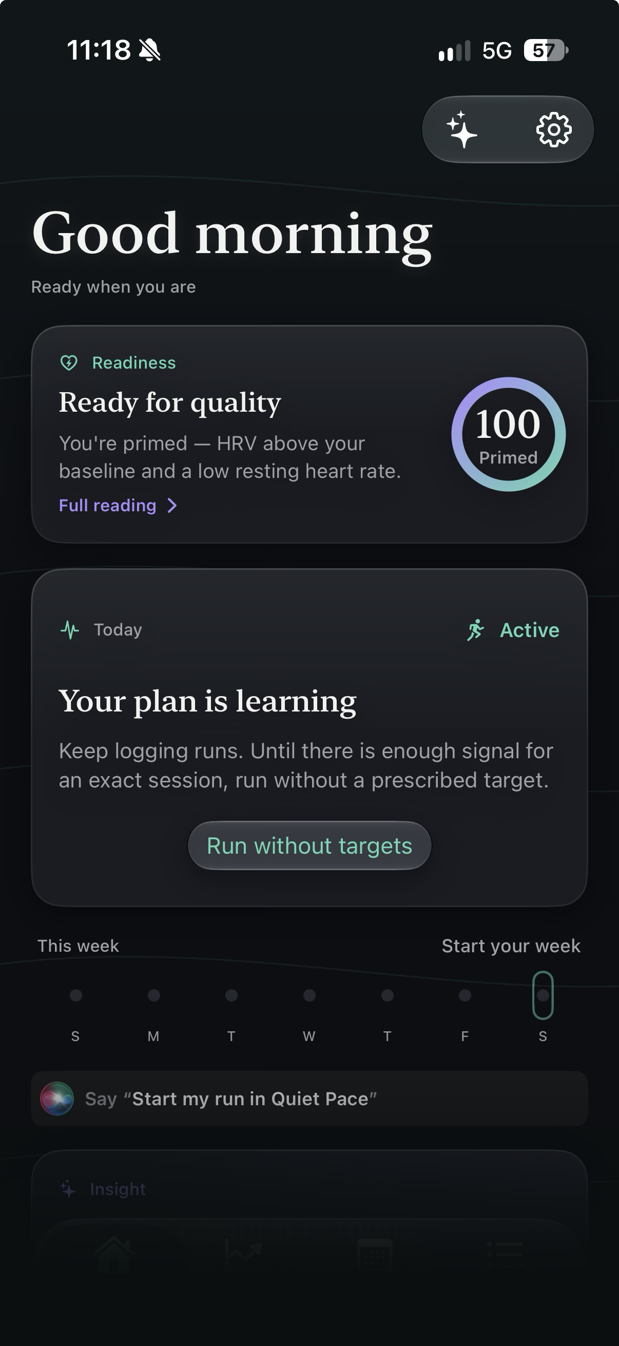 Quiet Pace Today screen: a Good morning greeting, a readiness card reading Ready for quality, and today's plan. The lower part of the screen fades into the page. TestFlight reference; not a claim of public release.