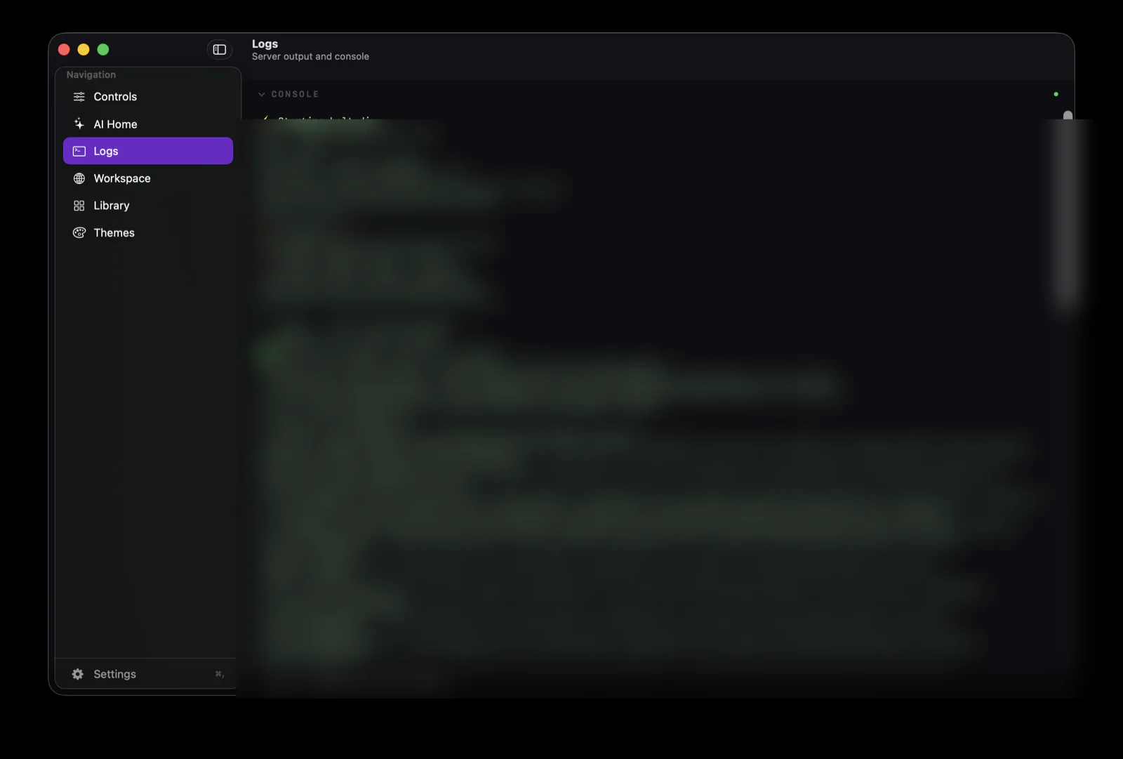 A live console streaming server output with a command input