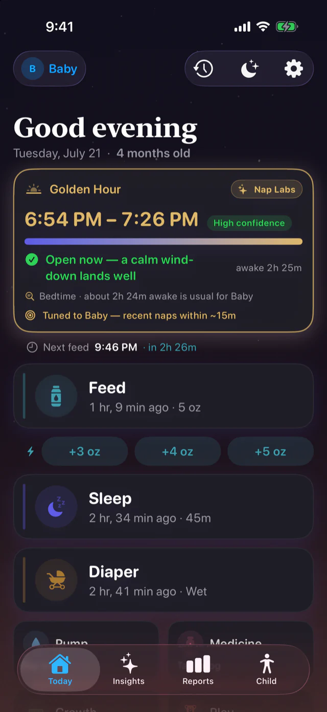 Dawn Today screen showing a predicted Golden Hour nap window and the day's feed, sleep, and diaper log