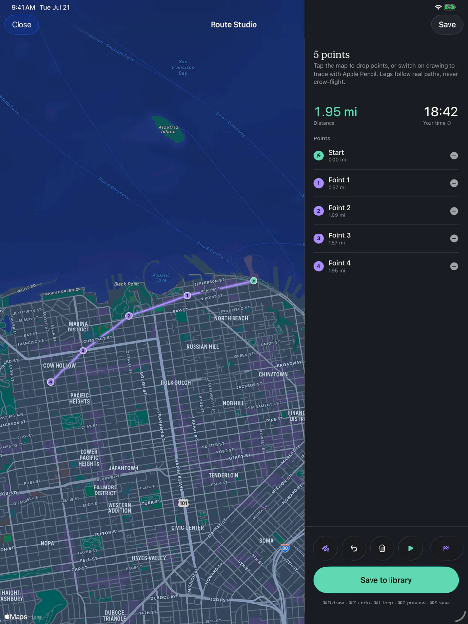 Route Studio on iPad: drawing a route on a map with Apple Pencil, legs following real paths