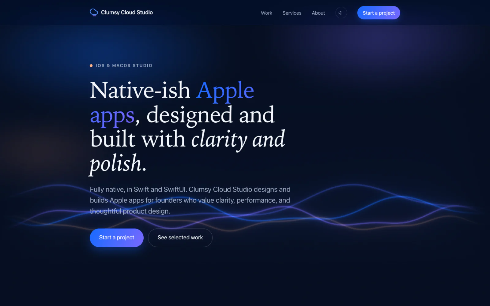 clumsycloud.com homepage: serif headline over a dark hero with glowing WebGL sound waves