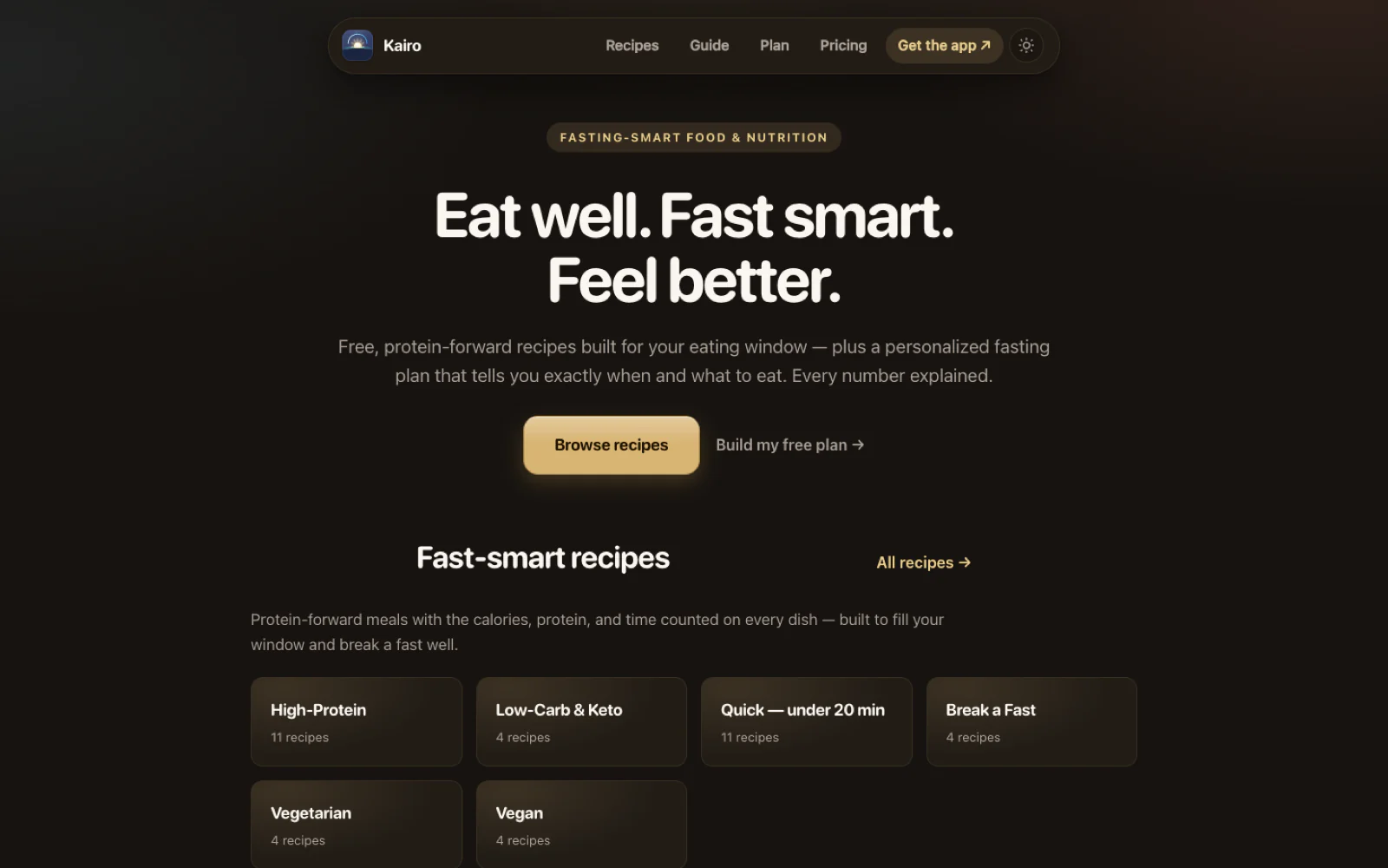 kairofasting.com homepage: warm dark design with recipe categories and a fasting plan builder